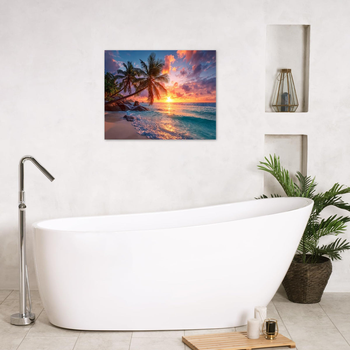 Tropical Beach Wall Art for Living Room Coastal Green Palm Tree Hawaiian Nature Canvas Wall Art Sunset Ocean Landscape Pictures for Bathroom Bedroom Office Wall Decor (Blue Orange / 16"L x 20"W)