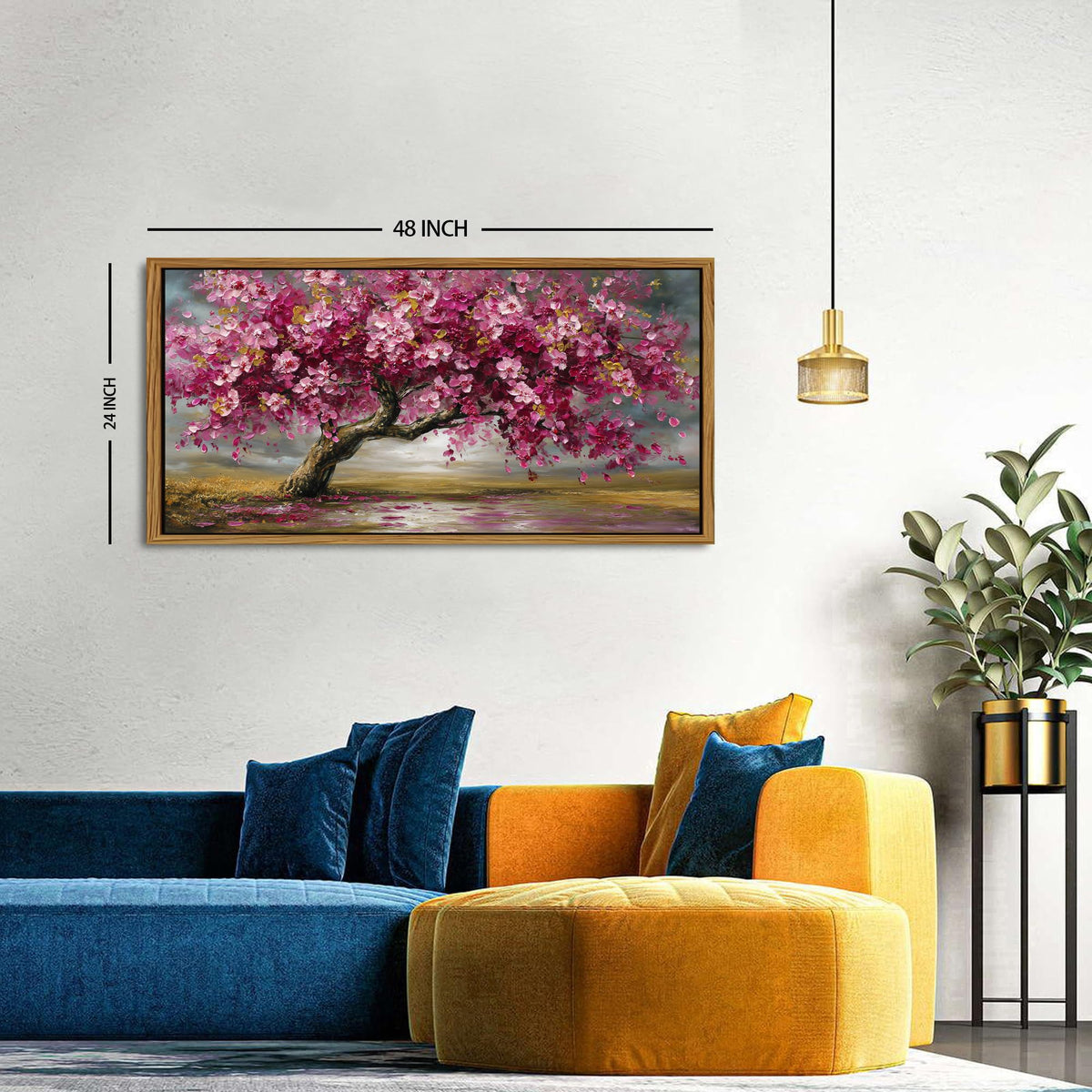 Framed Red Pink Tree Wall Art Tree of Life Picture for Living Room Colorful Flower Wall Decor Abstract Nature Scenery Texture Prints Canvas Painting Watercolor Artwork Bedroom Kitchen Decoration 24x48 (24"L x 48"W / Pink Tree)