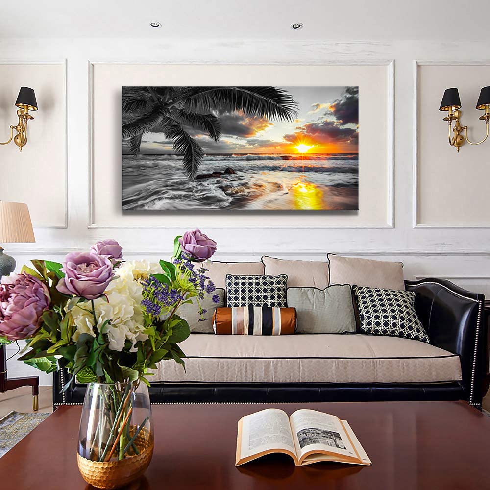 Large Canvas Black White Gold Ocean Wall Art Sunset Beach Pictures Coastal Painting Sunrise Seascape Scenery Print Palm Poster Sea Artwork for Bedroom Wall Art Living Room Office Décor (black white Sunrise beach / 60"L x 30"W)