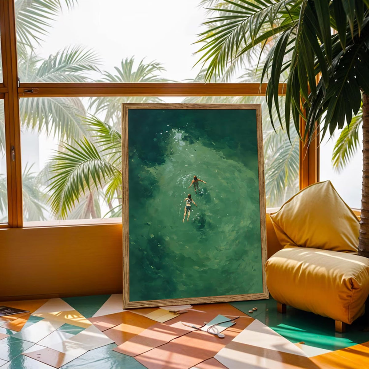 Framed Abstract Ocean Wall Art (Green Swimming / 24"L x 16"W)