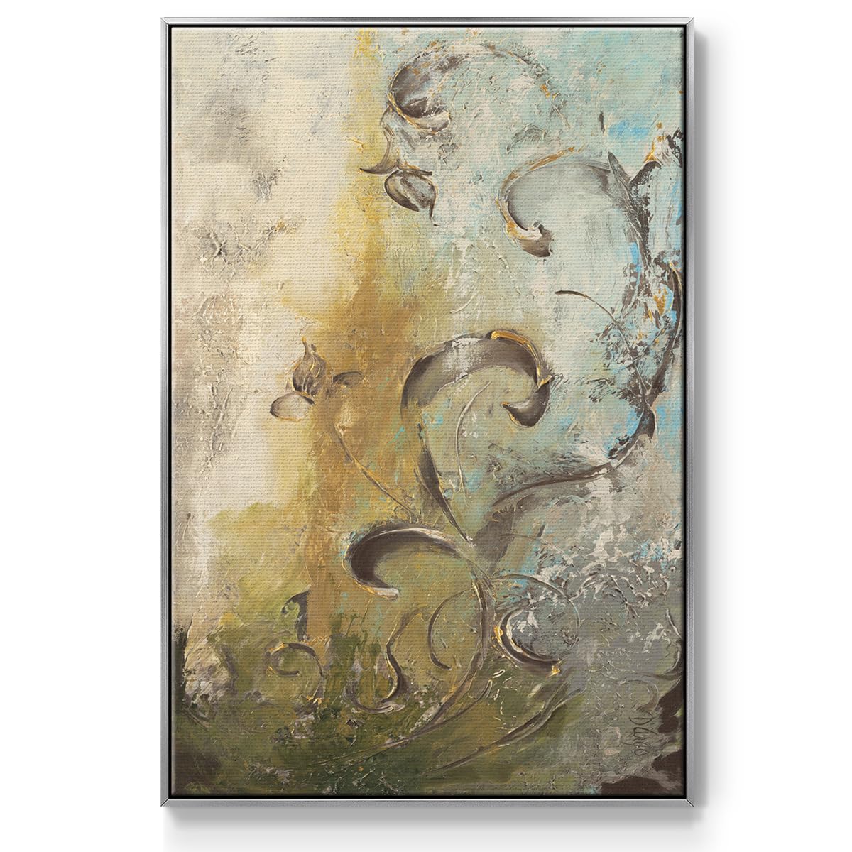 Nature Wall Art Silver Floating Frame Paintings Modern Enchanted Garden Foliage Abstract Hanging Artwork Home Prints for Bedroom Office Kitchen (41"L x 27"W / Enchanted Garden I)