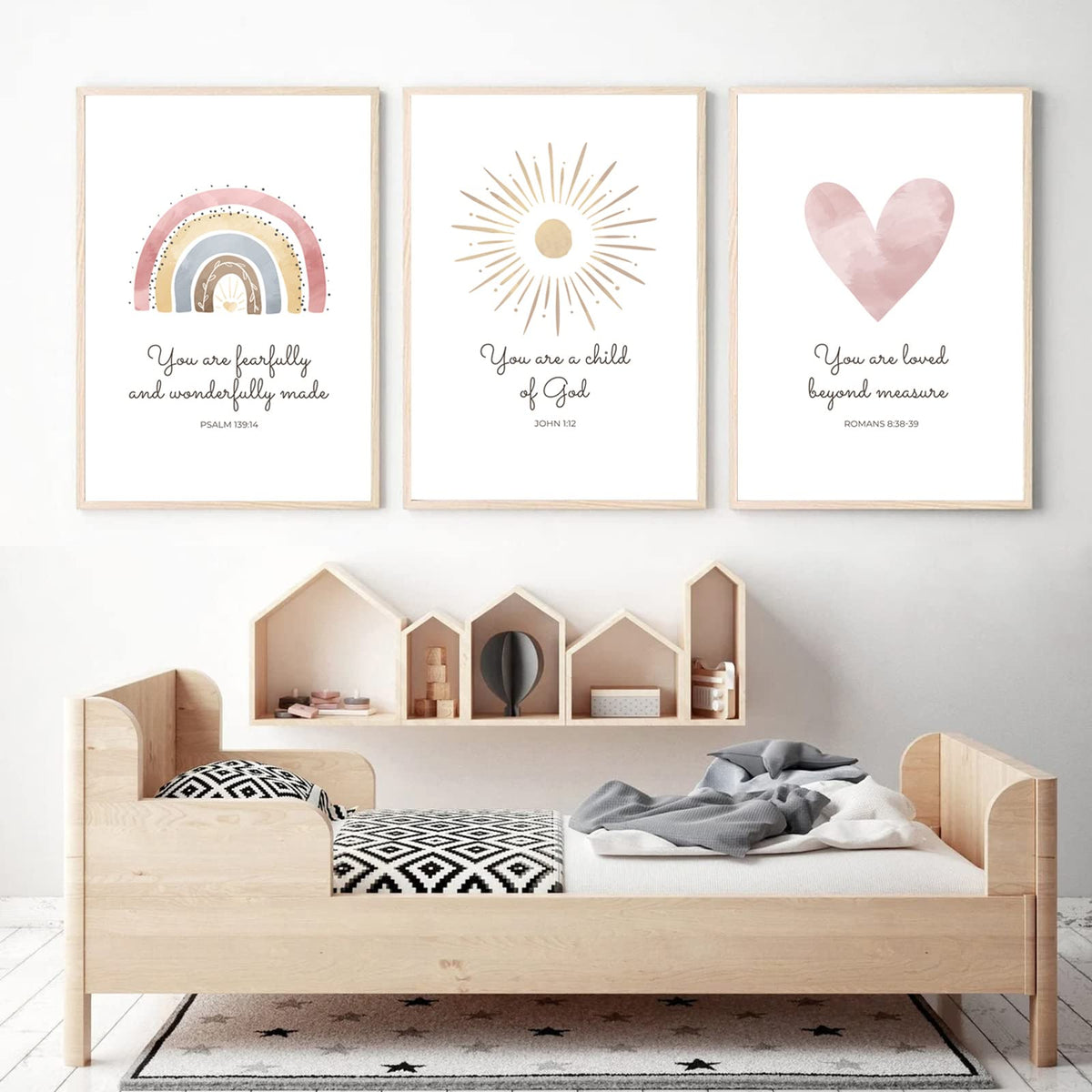 Boho Nursery Wall Art 3 Pieces Bible Verse Nursery Art Christian Girls Nursery Wall Art Heart Rainbow Sun Nursery Art Print Boho Sunshine Decor for Girl Baby Kid Room Decor 16x24 Inch Unframed (Boho Nursery Prints / 16x24 Inch Unframed)