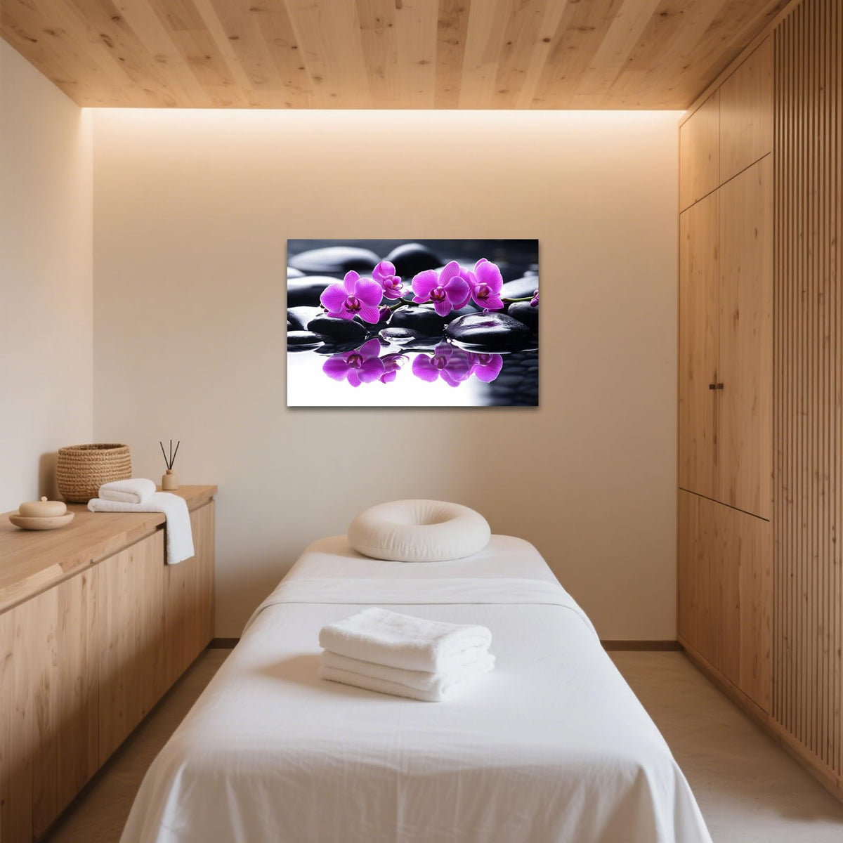 Purple Orchid Zen Canvas Wall Art Black Stone in Water Painting Framed Artwork Poster for Yoga Meditation Room Spa Bathroom Decor (WE000050-10 / 24"L x 16"W)
