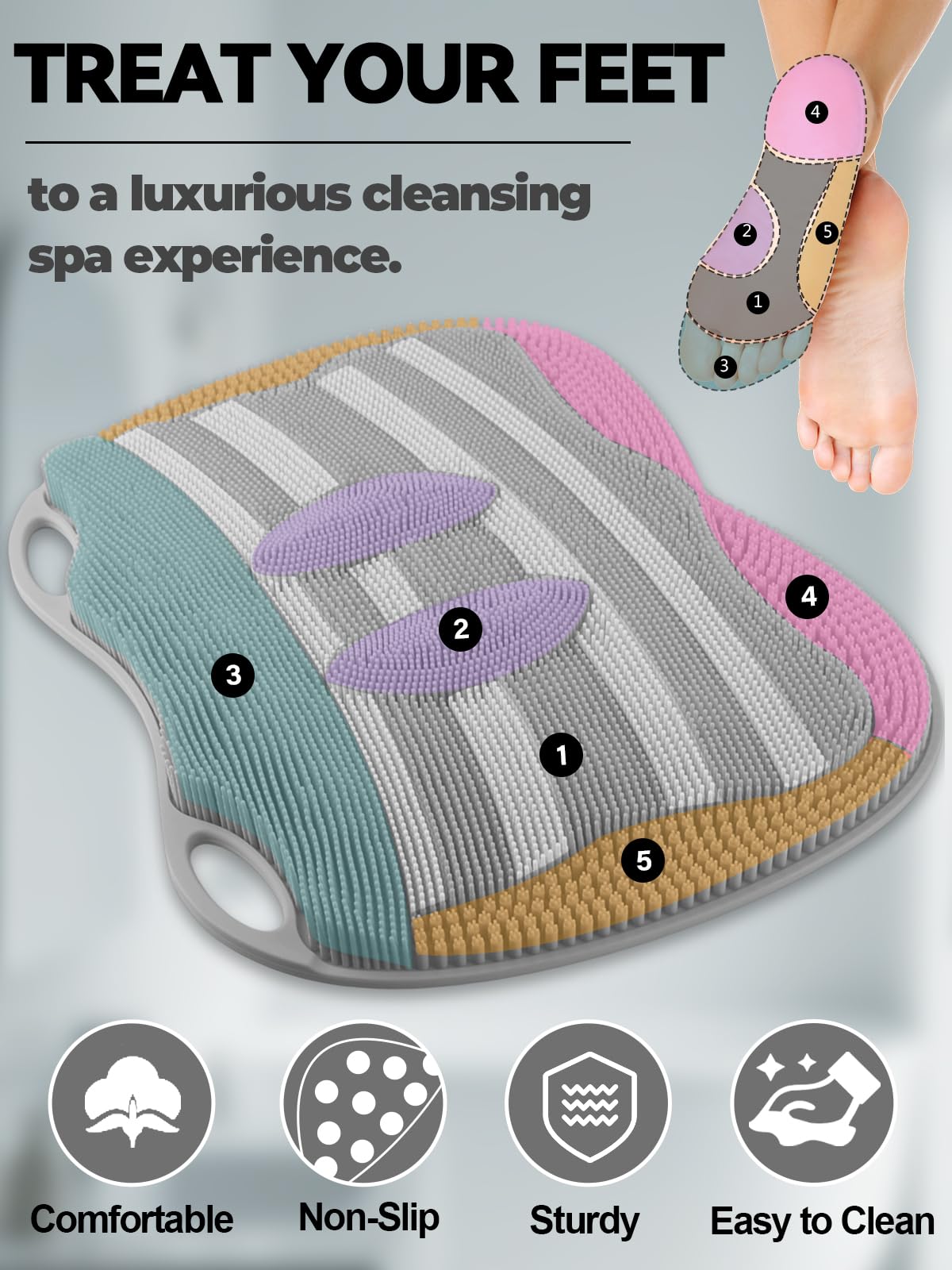 Silicone Shower Foot Scrubber Mat with Non Slip Suction Cups (Grey)