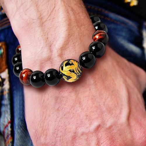 12mm Tiger Eye Stone Yellow Dragon Pattern Bold Wrist Bracelets (12mm Yellow)