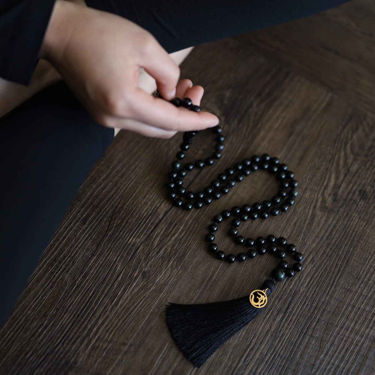 OM Charm Hand Knotted Tassel 108 Mala Beads Black Obsidian Stone Beaded Necklace 8mm (8mm / Black Obsidan)