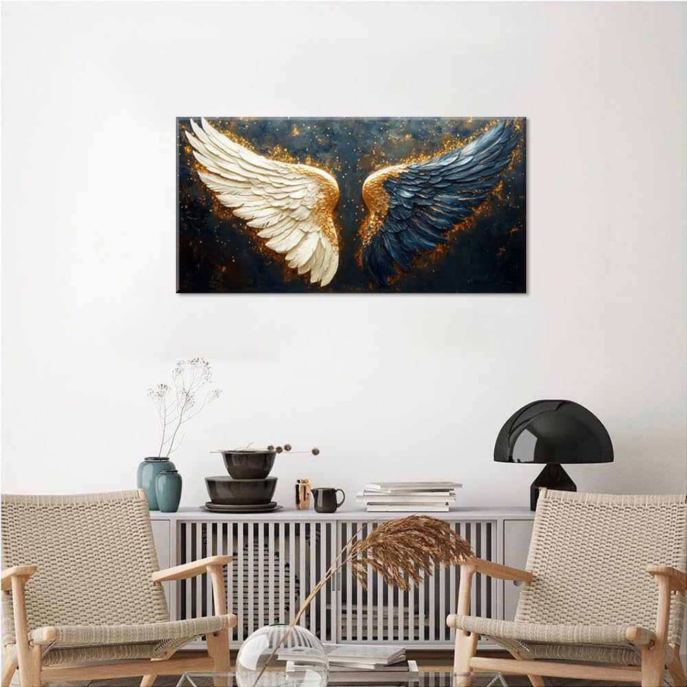 Multicolor Angel Wings Wall Art for Living Room Office Spiritual Symbolism Abstract Expressionism Painting Prints Modern Canvas Artwork Dining Bedroom Decor Large (Abstract / White Blue Gold Angel Wings Wall Art / 46L" x 23W")