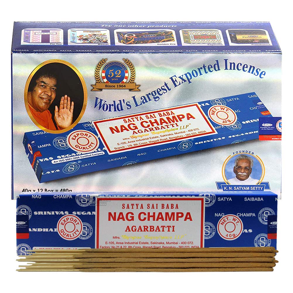 Nag Champa Incense Sticks 40g x 12 and Incense Stick Holder Bundle Insence Insense Satya Incense (Nag Champa 40g - Pack of 12)