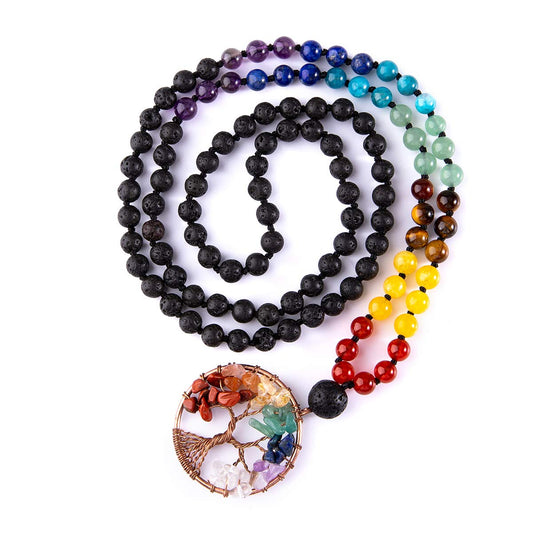 108 Mala Beads Necklace Tree of Life 7 Chakra Wrap Bracelet Real Healing Gemstone Yoga Meditation Hand Knotted Mala Prayer Bead Necklace (6mm / Lava Rock Stone)