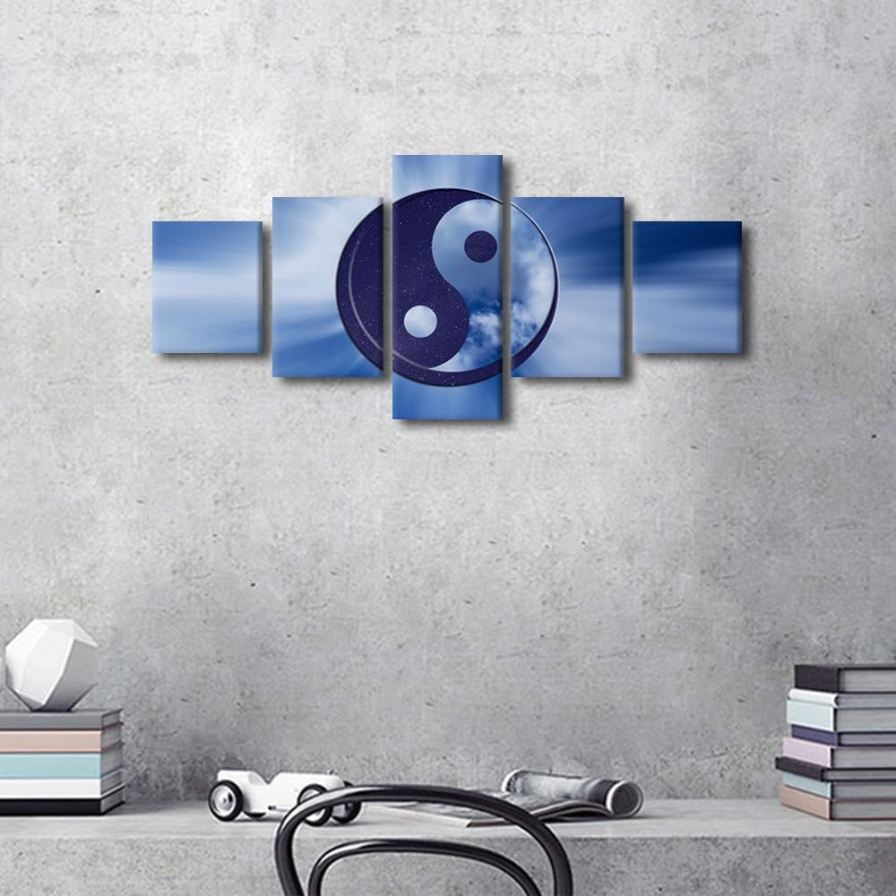 Canvas Wall Art Duality Yin Yang With Day And Night Sky Five Panel Framed Painting Modern Home Decor Asian Philosophy Wall Art Spiritual Decor Ready to Hang 50" Wx24 H (50''Wx24''H / Artwork-12)