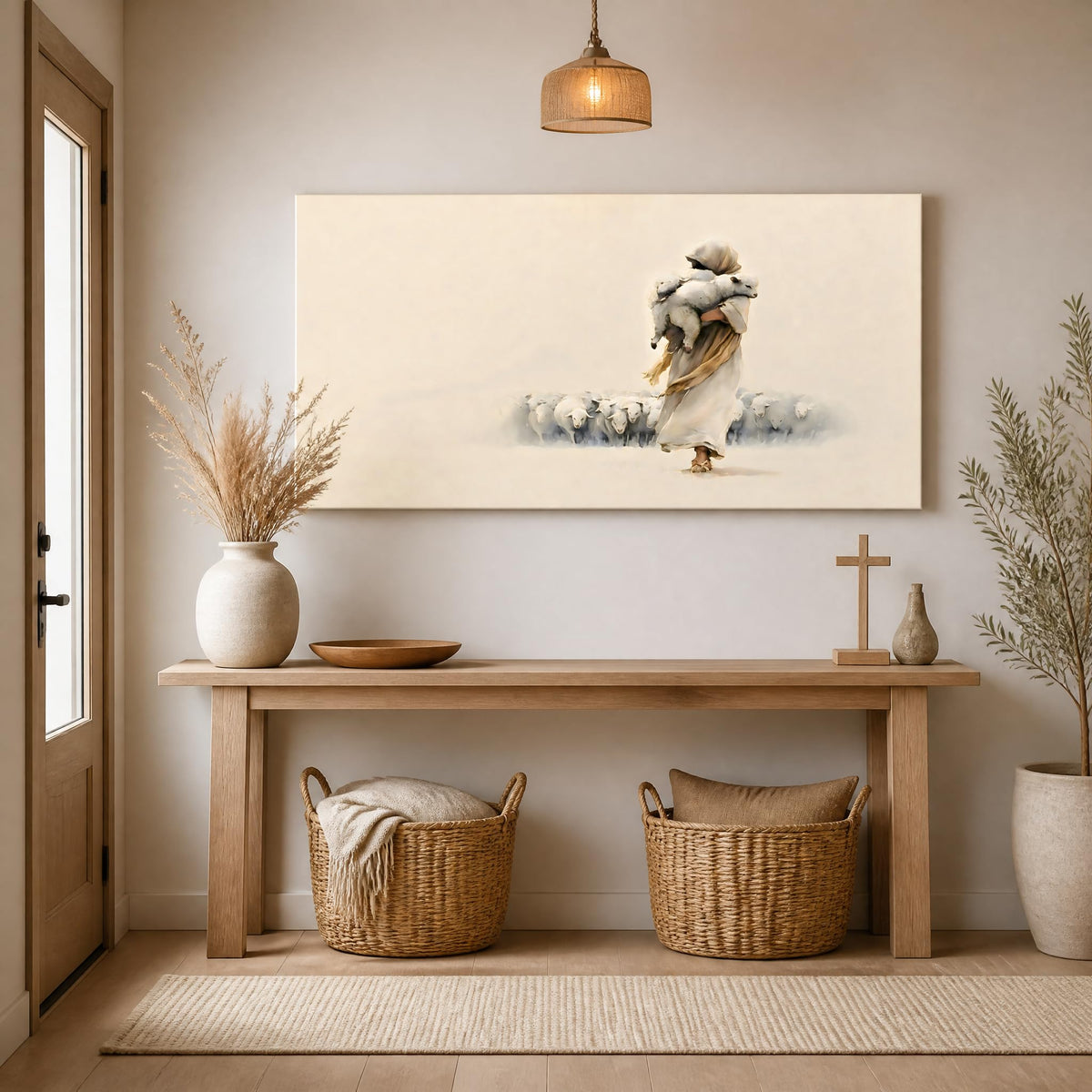 Good Shepherd Jesus Carrying Lamb Canvas Wall Art Christian Painting Flat Print Gallery Wrapped Minimalist Religious Artwork for Living Room Bedroom Bathroom Decor (Mysterious / White Shepherd Sheep 11 / 40"L x 20"W)