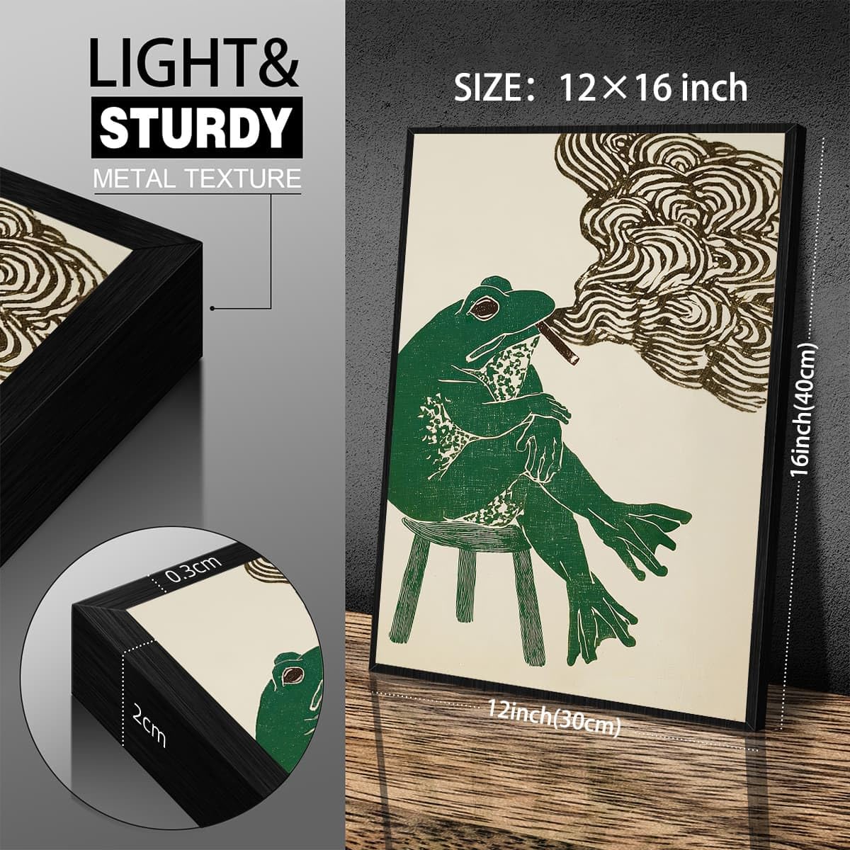 Black Framed Japanese Wall Art Funny Frog Smoking a Cigarette Poster Retro Oriental Asia Animals Print Ukiyo (Black Framed / Japanese Art 005 / 16"L x 12"W)