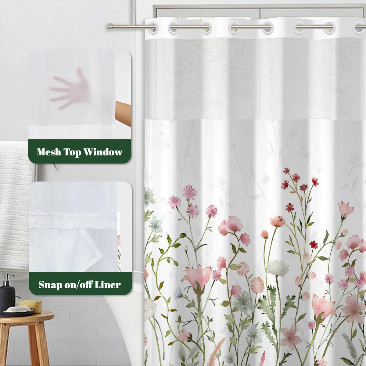 Pink & White Floral Shower Curtain with Snap in Liner (Floral-4)