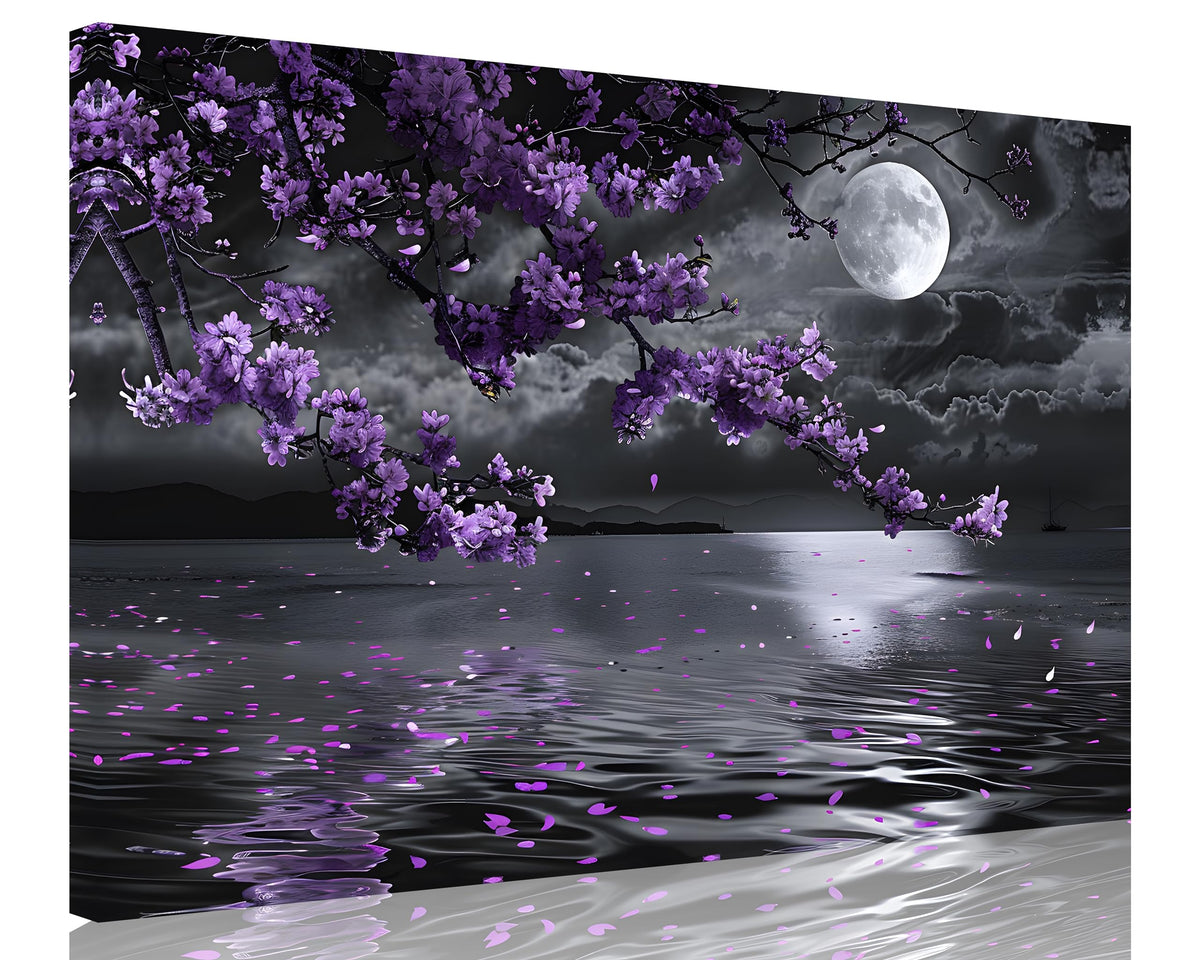 1 Pcs Purple Bedroom Pictures Wall Decor Purple Canvas Art Black and White Sea Night Full Moon Purple Flower Print on Canvas Purple Wall Picture for Room Decor Stretched and Framed 12x18 inch (18"L x 12"W / Purple Flower 10)