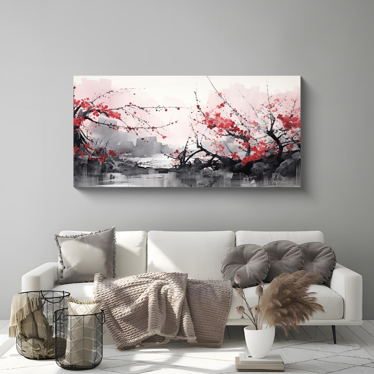 3PCS Asian Ink Style Cherry Blossom Canvas Wall Art Red Plum Flower Landscape Minimalist Zen Nature Scene Oriental Watercolor Artwork for Bedroom Living Room Office or Meditation Space Decor (Red-One Piece-2 / 40x20 inches (1 piece))