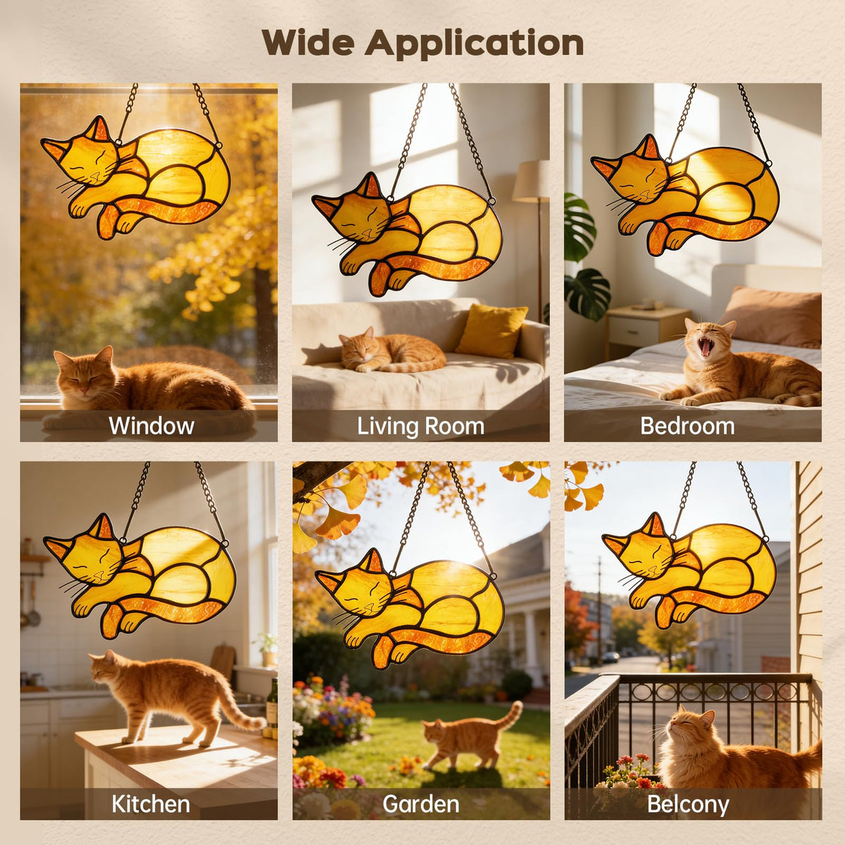 Orange Cat Stained Glass Suncatcher Decor for Window Hanging (Orange)