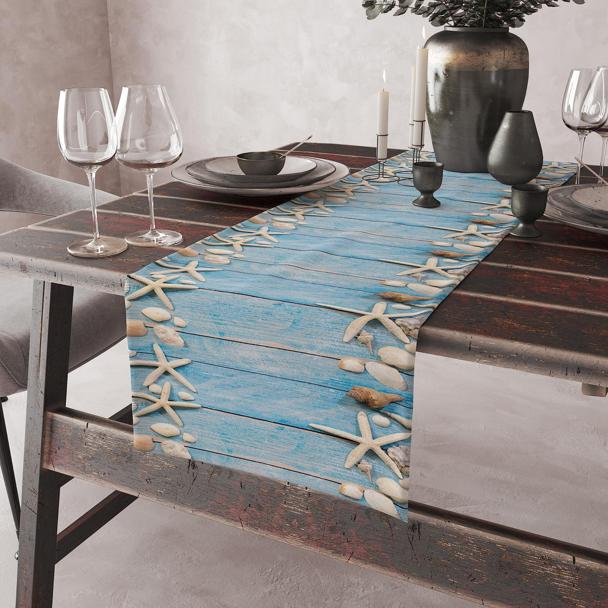 Summer Beach Table Runner Dresser Scarves Beach Theme Cotton Linen Seashells Starfish Blue Rustic Wood Table Setting Decor for Wedding Party Holiday Dinner Home 13x120 inch (13x120inch / Ocean 6)