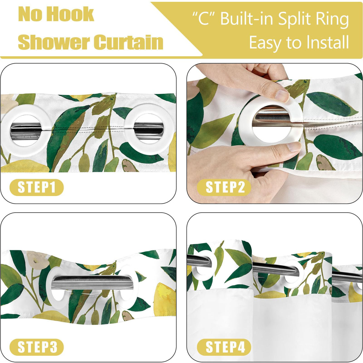 No Hook Shower Curtain with Snap in Liner (Hookless Lemon / 72"W x 74"L (Pack of 1))