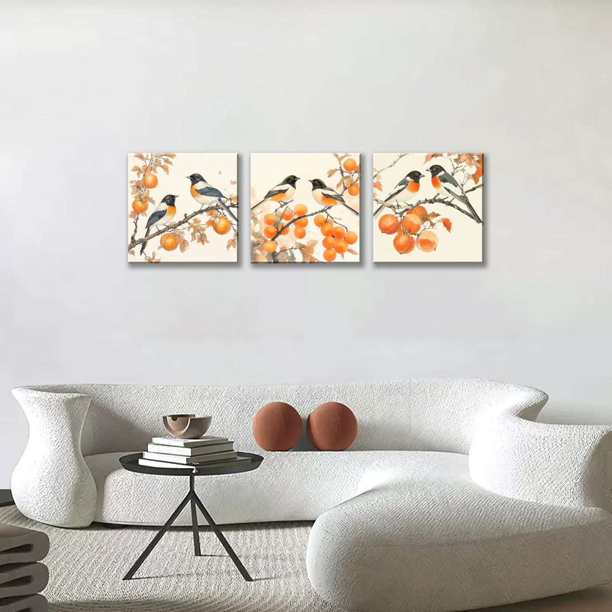 3PCS Vintage Style Watercolor Birds Orange Fruits Canvas Wall Art Botanical Autum Natural Scene Artwork for Living Room Bedroom Office Calming Wildlife and Fruit Branch Framed Canvas Prints (Birds Orange Fruits / 12x12 inches (3 pieces))