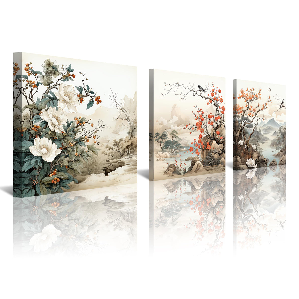 Traditional Chinese Decor Oriental Flowers Birds Canvas Wall Art for Bedroom Floral Wall Decor Framed Artwork Vintage Prints Paintings for Bathroom Kitchen Decorations (Flower and Birds / 12x12 inches (3 pieces))