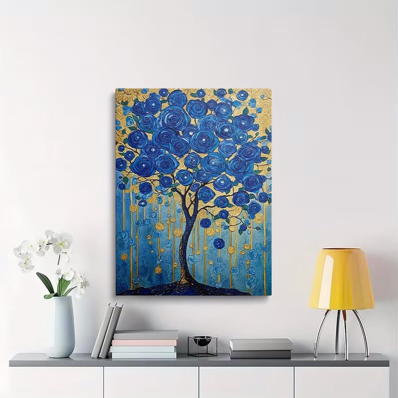 Abstract Blue Rose Canvas Wall Art Framed Tree Botanical Decor 16x24 Inch (Blue Tree (Wrapped Canvas) / 24"L x 16"W)