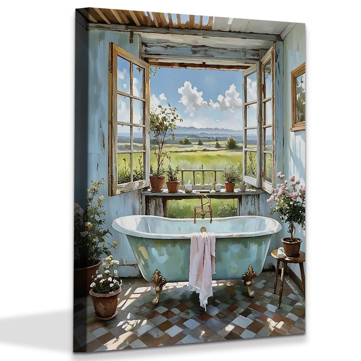 Vintage Blue Bathroom Wall Art Canvas Print Bathtub Framed Art Poster (Vintage Bathtub Flowers Botanical Pictures Wall Art Prints (Ready to Hang))