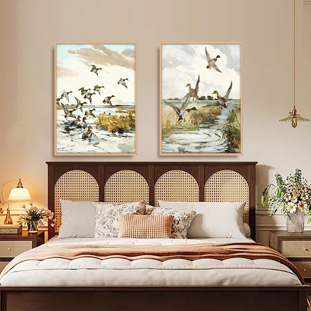 2Pcs Vintage Duck Wall Art Rustic Mallards Marsh Landscape Canvas Prints (Vintage Duck 2Pcs / 12x16 Inches)
