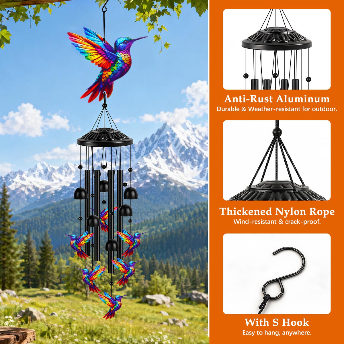 Aluminum Hummingbird Wind Chimes for Outside (Colorful)