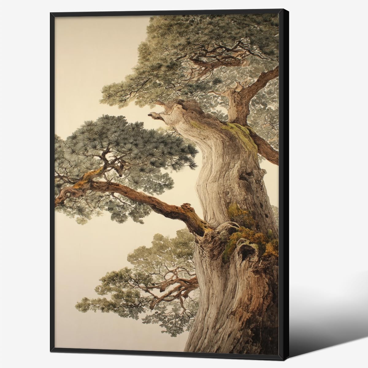 Vintage Japanese Pine Tree Black Framed Wall Art Oriental Asian Tree Canvas Posters 12x18 inch Japan Scenery Room Aesthetic Prints Calm Earthy Forest Botanical Painting for Home Bedroom Living Room Office (Black Framed / Japanese Poster / 18"L x 12"W)