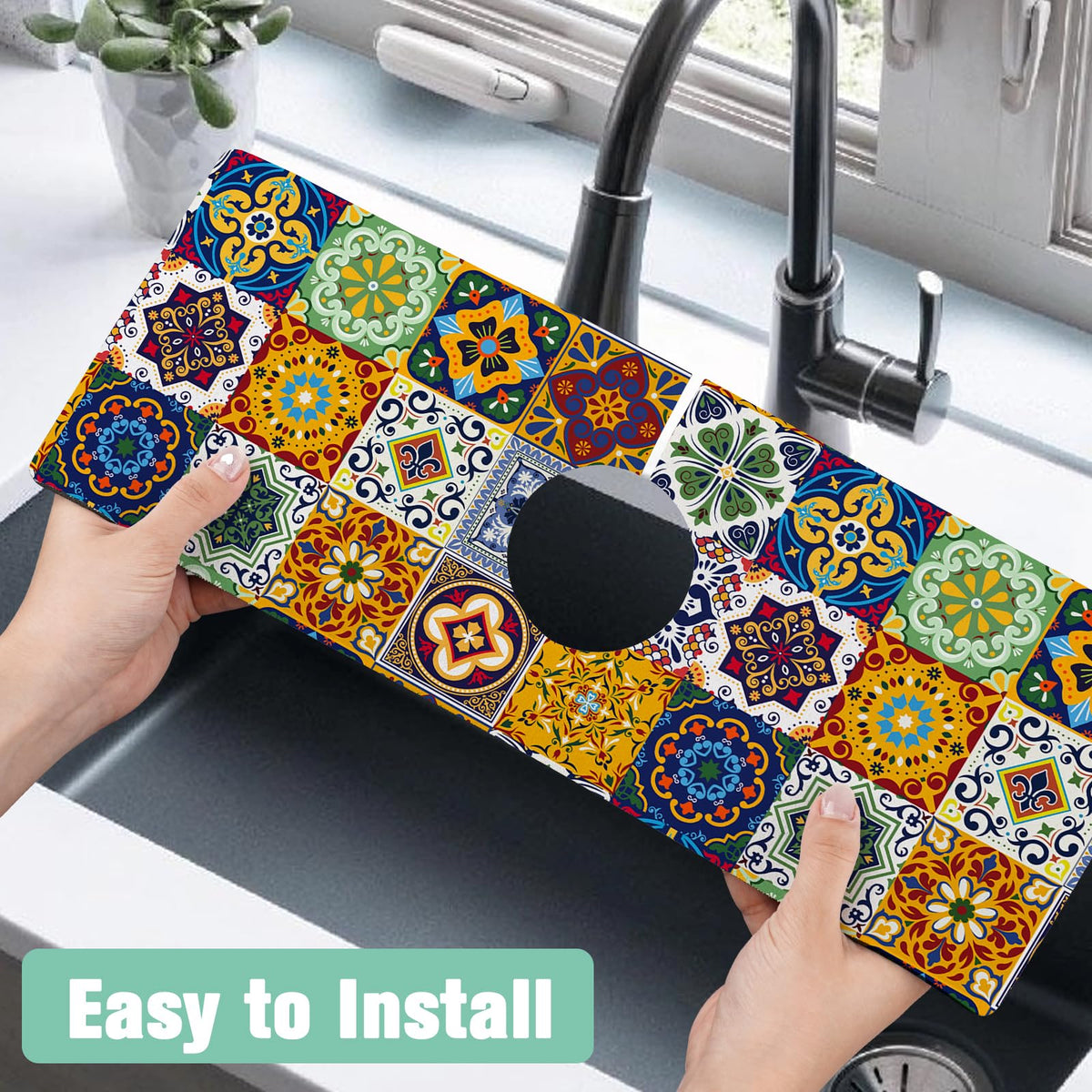 Kitchen Sink Splash Guard Faucet Mat 15" X 5.5" Talavera Mexican Tiles Absorbent Fast Drying Mat Faucet Draining Mat Sink Splash Guard Behind Faucet Drip Catcher for Kitchen Bathroom (15*5.5in / tile01)