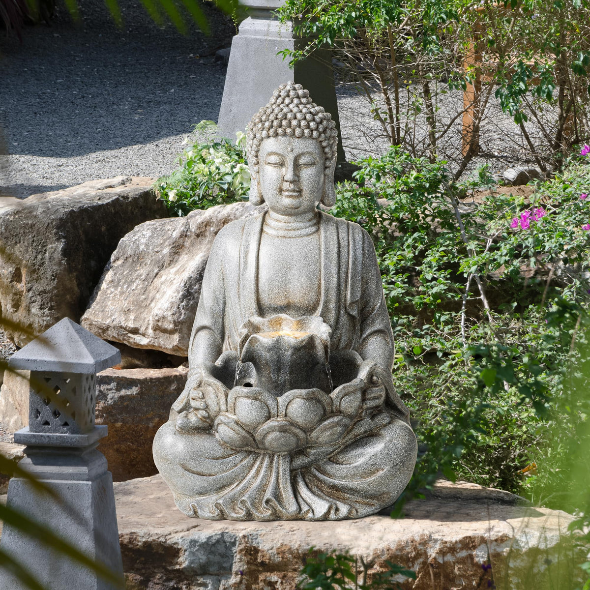 Buddha Fountain Outdoor with Pump & LED Light 23.25" H (Concrete Buddha W/Lotus Leaf&flower Basins / 23.25"H)
