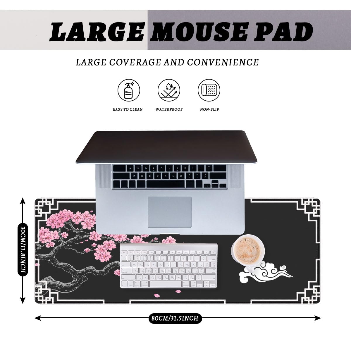 Cherry Blossom Gaming Mouse Pad Oriental Black Zen Art Extended Mousepad Waterproof Stitched Edges Rubber Base Non (31.5" x 11.8" / Cherry Blossom)
