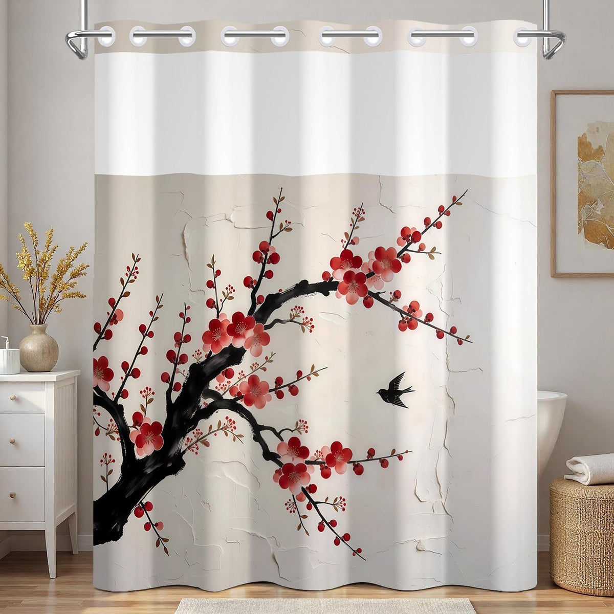 Plum Blossom Shower Curtain with Snap in Liner (Red Plum Blossom)