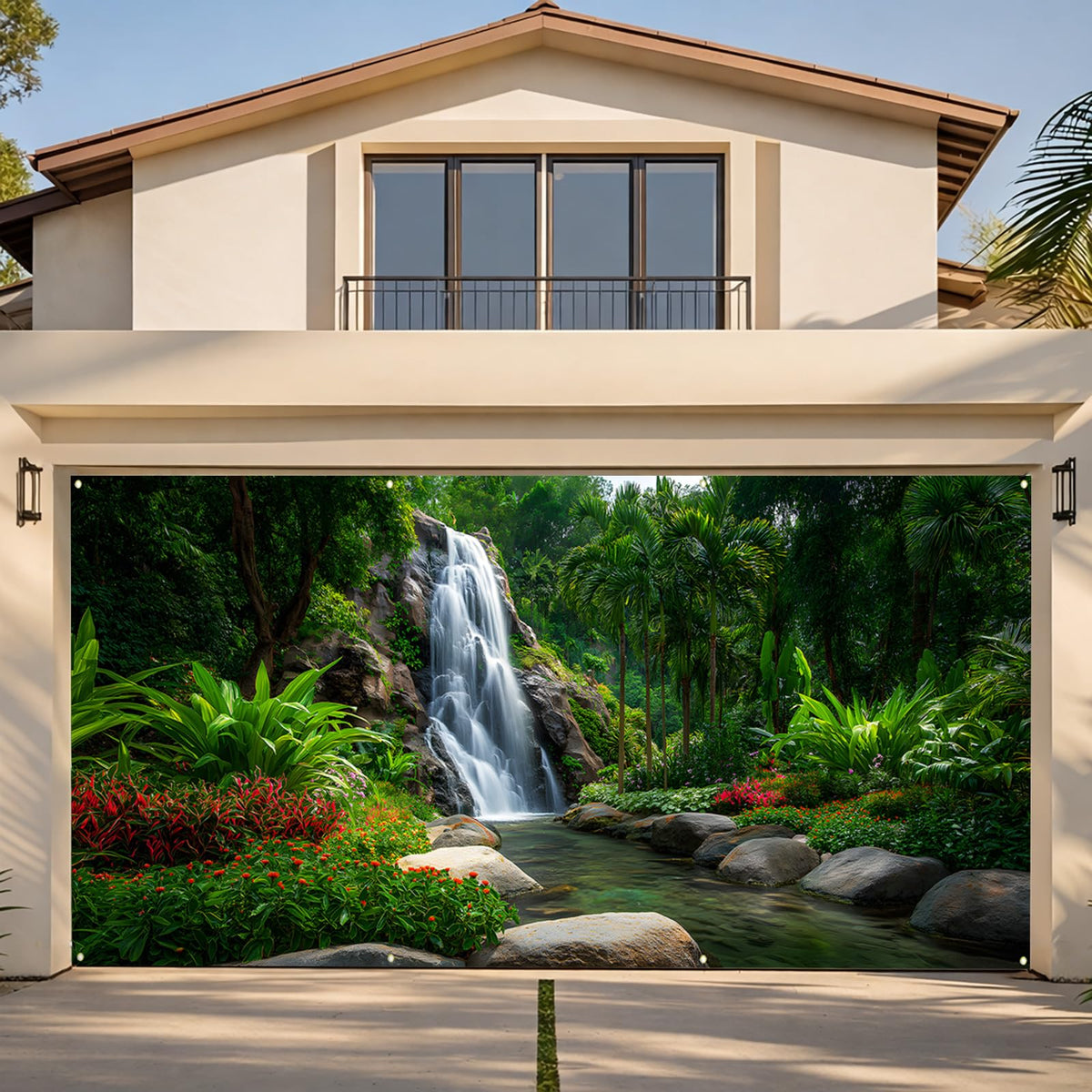 Waterfalls Garage Door Cover Banner (Green Scenic Waterfall)