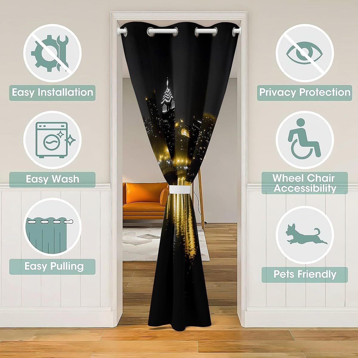 Golden Gate Bridge Door Curtain for Doorway Privacy 42x80 Inch 1 Panel Kids Nightscape Closet Cover Teens City Scenery Room Divider Curtain Breathable Soft Lightweight Black Yellow Room Decor (Carbon Black Yellow / 42"W x 80"L (Pack of 1))