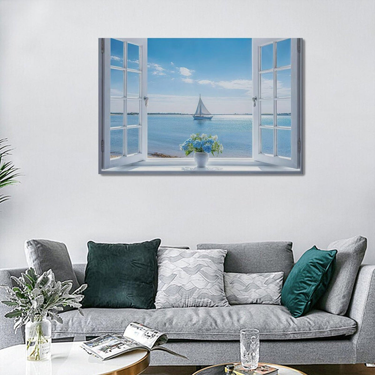 Ocean Bathroom Decor Wall Art Coastal Seascape Pictures Wall Decor Sea Landscape Canvas Prints Sailboat Hydrangea Painting Modern Artwork Home Decoration for Bathroom Bedroom Living Room 24"x16" (Seascape / 24"L x 16"W)