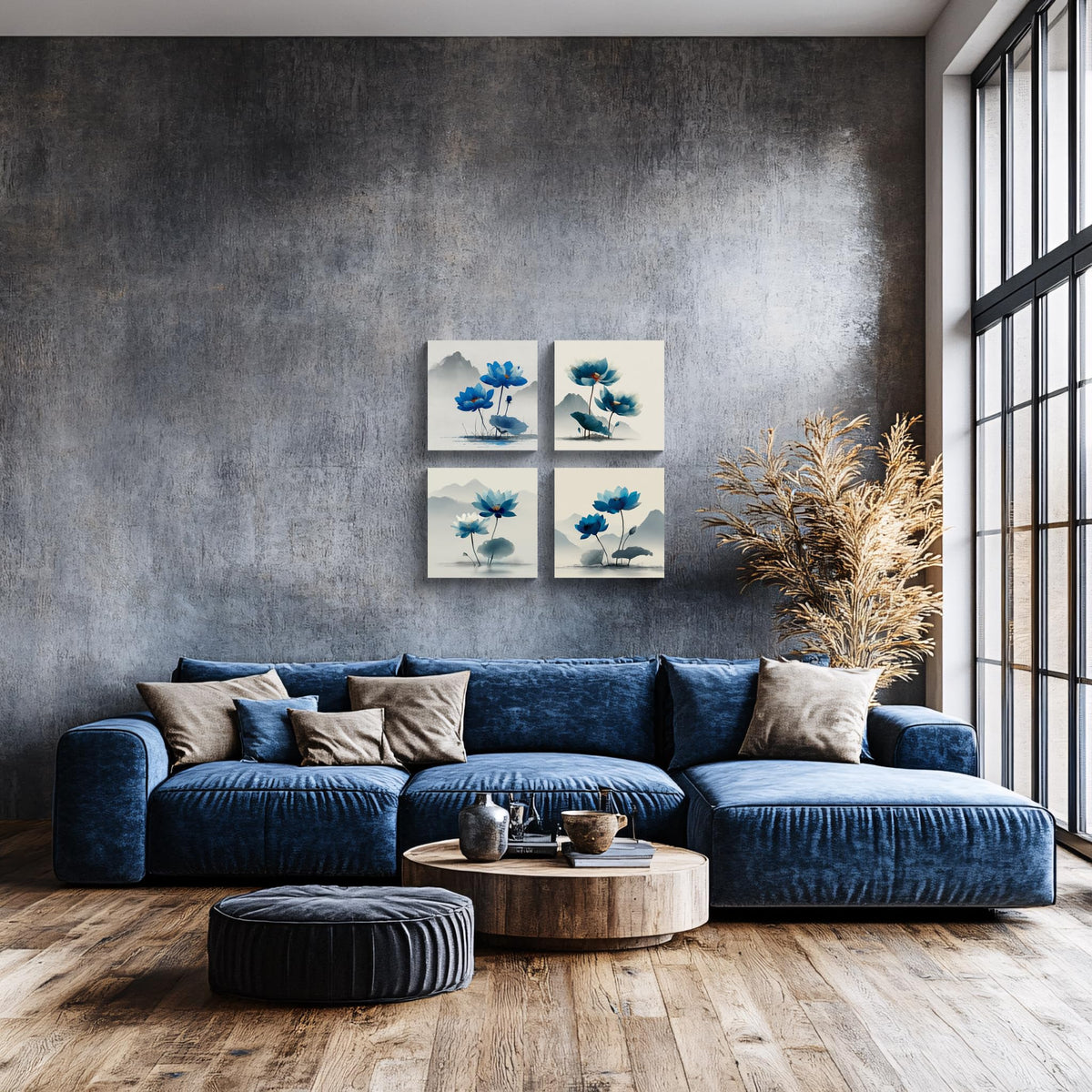 4PCS Blue Lotus Flower Wall Art Oriental Ink Painting Style Watercolor Botanical Canvas Print Traditional Chinese Zen Artwork Mountain Landscape Decor for Living Room Bedroom Meditation Space (12X12inchX4 / Blue Lotus-1)