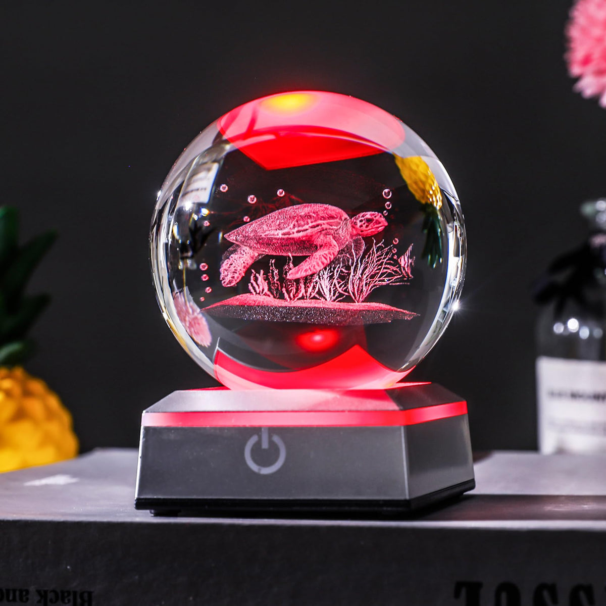 Sea Turtle Gifts for Women Men Laser Engraved Sea Turtle Crystal Decor Ball with Colorful LED Base Glass Trutles Decor Sphere Figurine (Sea Turtle)