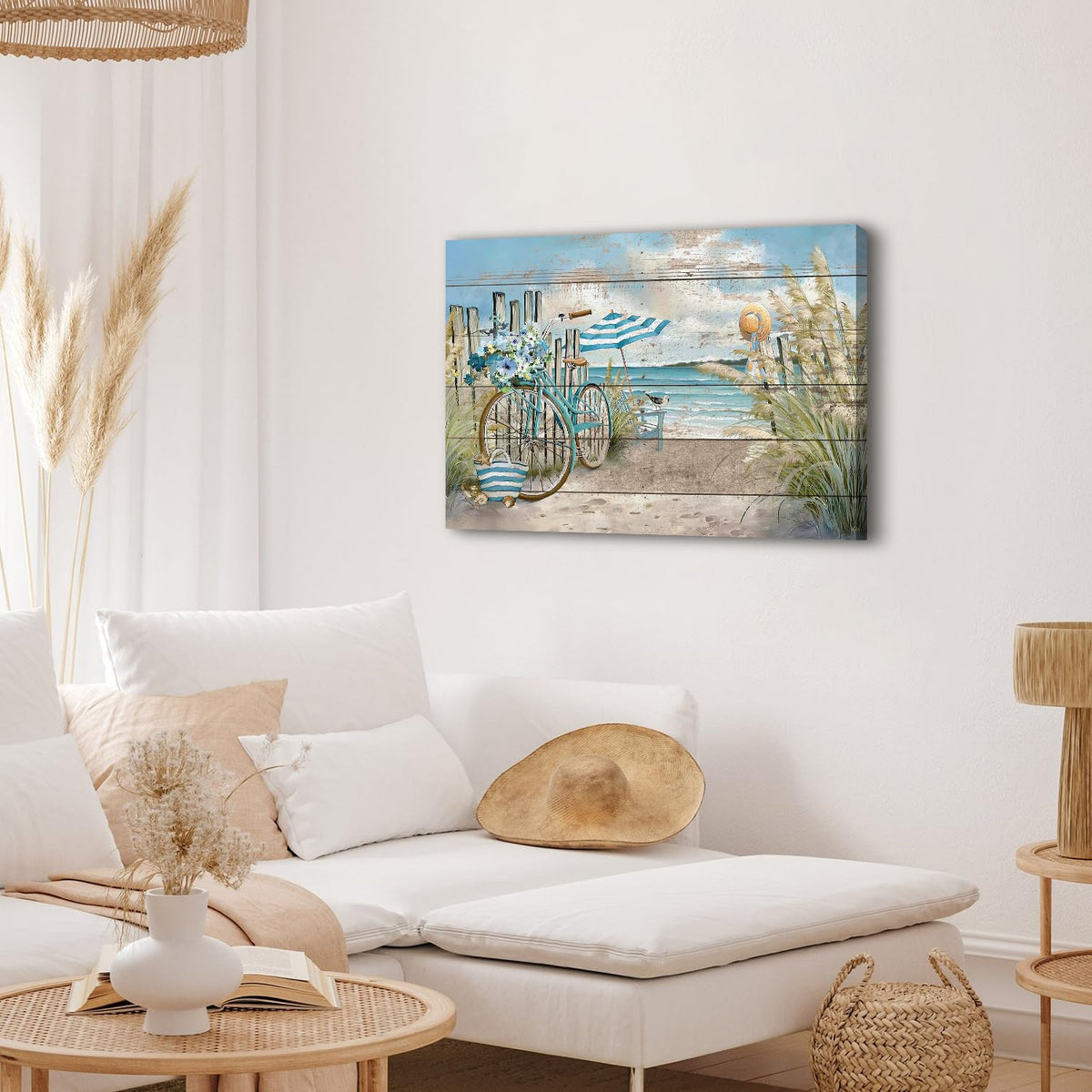 Beach Wall Art Seaside Bicycle Canvas Prints Pictures for Bathroom Decor Ocean Coastal Landscape Wall Decor Nautical Blue Seascape Painting Artwork for Kitchen Living Room Home Decoration 24x36" (36"L x 24"W / Seaside Bicycle)