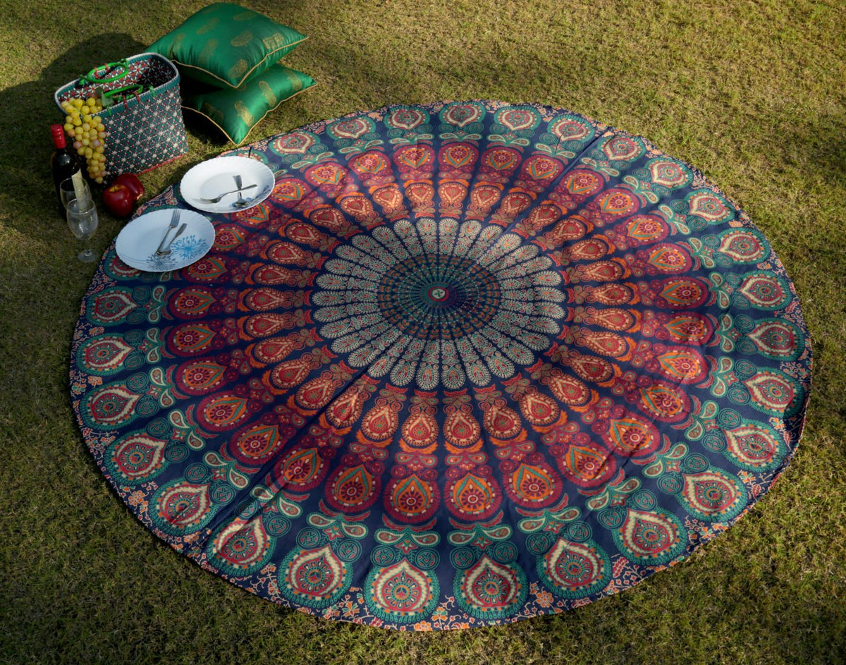 Boho Mandala Roundie Gypsy Hippie Tapestry Decorative Cotton Tablecloth Meditation Yoga Mat (Golden Blue / 72"L x 72"W)