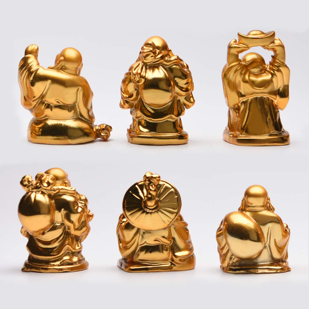 6Pcs 2'' Electroplated Gold Resin Laughing Buddha Figurines (2'' Resin Red Lips Set)