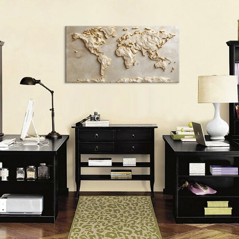 Light Gold World Map Wall Art for Living Room Office Relief (Contemporary / Light Gold World Map Wall Art / 46"L x 23"W)