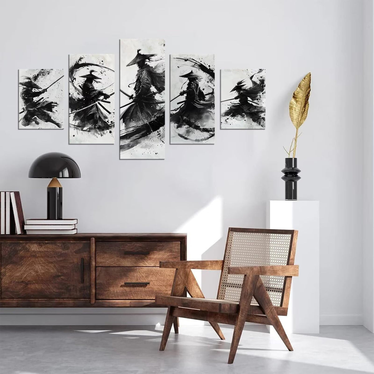 Japanese Samurai Wall Art Black and White Warrior Wall Decor Prints Vintage Japanese Cultural Samurai Pictures Canvas Painting Framed for Living Room Office Home Artwork Framed (60"Wx32"H / White and black)
