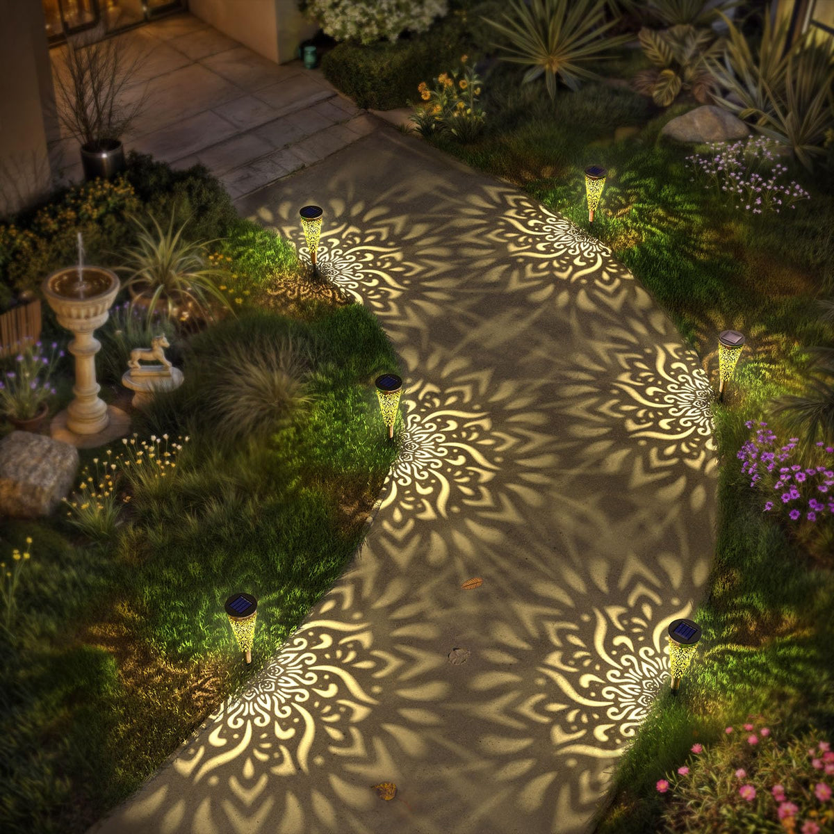 6 Pack Solar Lights Outdoor Garden Decorative Mandala Solar Garden Lights with Warm Light Waterproof Solar Pathway Landscape Lights for Path Backyard Walkway Yard Decor (6Pcs / Gold)
