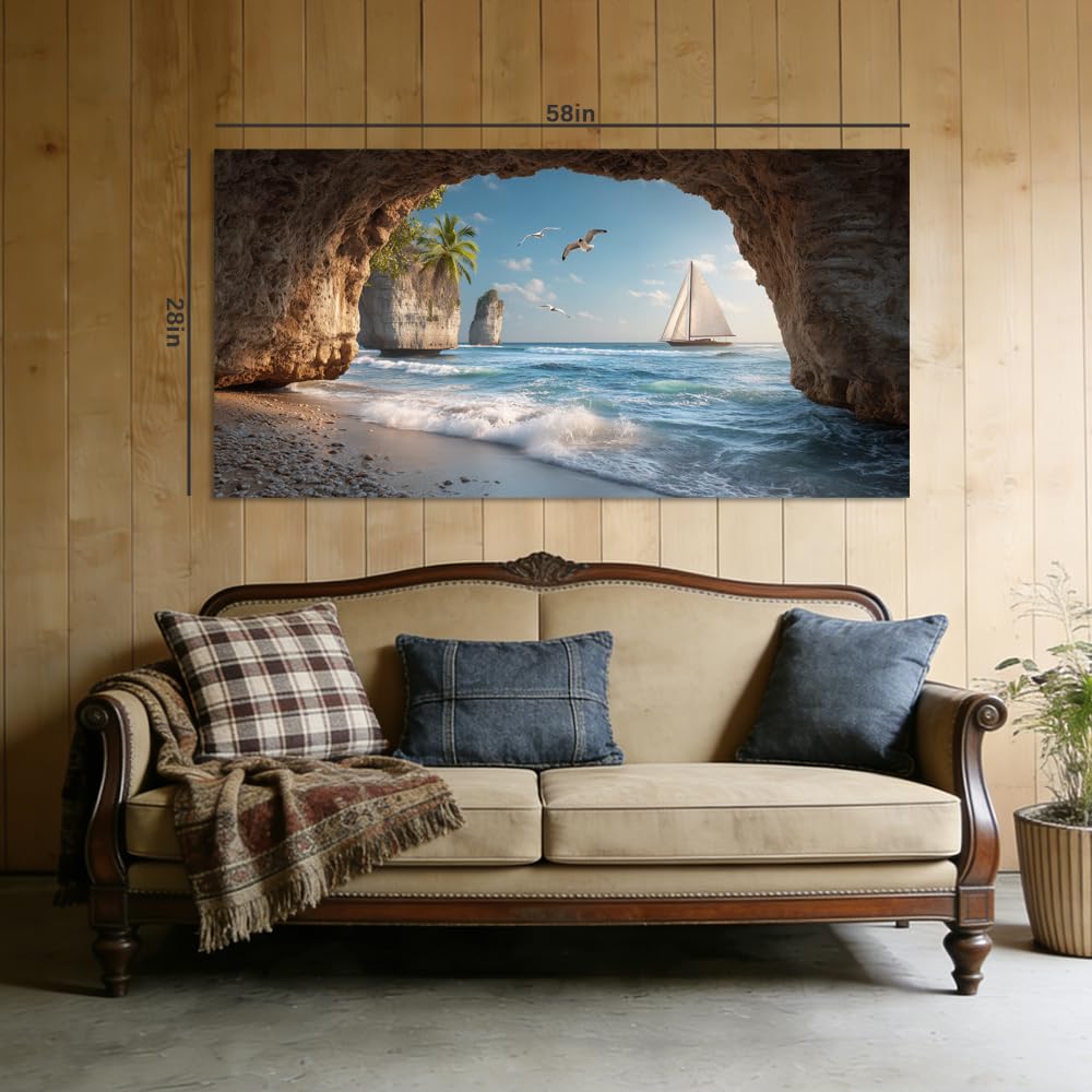 Scenic Ocean Cave View Canvas Wall Art Coastal Sailboat Tropical Island Beach Landscape Painting Gallery Wrapped Relaxing Nature Print Artwork for Living Room Bedroom Bathroom Decor (Coastal / Beach Cave Sailboat 34 / 58"L x 28"W)