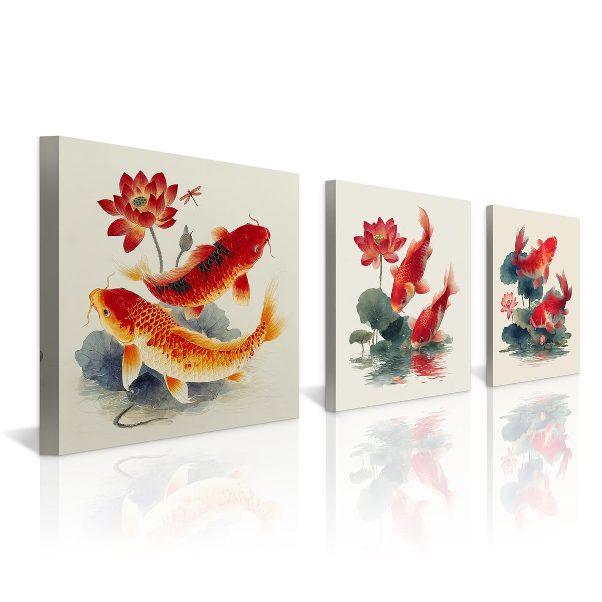 3Pcs Japanese Koi Fish Lotus Flower Wall Art Red Watercolor Zen Canvas Prints for Living Room Feng Shui Good Luck Animal Pictures Asian Oriental Floral Artwork Decor Ready to Hang (Zen Koi Canvas / 12x12inchx3)