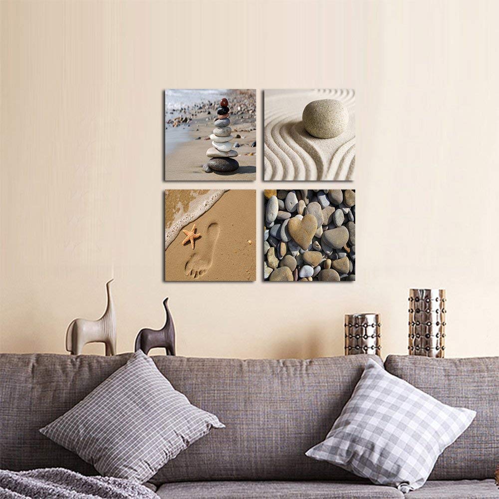 Romantic Beach Theme 4 Piece Modern Giclee Artwork Sea Beach Ocean Canvas Prints Contemporary Abstract Seascape Pictures Paintings on Canvas Wall Art for Bedroom Home Decorations (12x12inchx4pcs (30x30cmx4pcs))