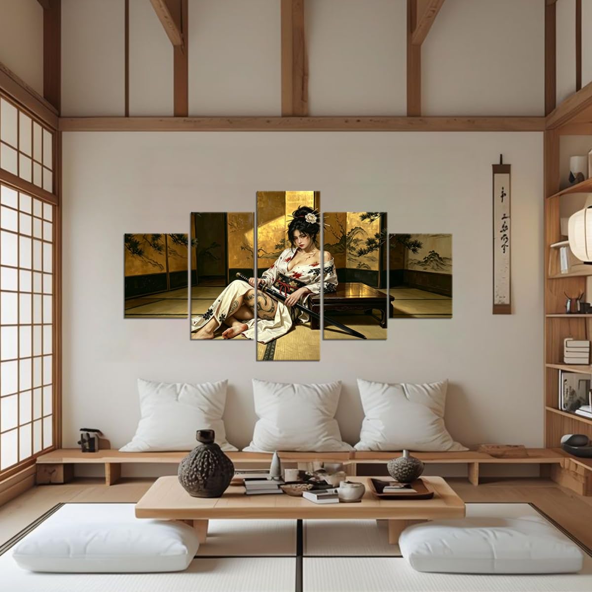 Japan Geisha Poster Samurai Wall Art for Office Wall Decor Prints Framed (50"Wx24"H / Samurai 5P-35)