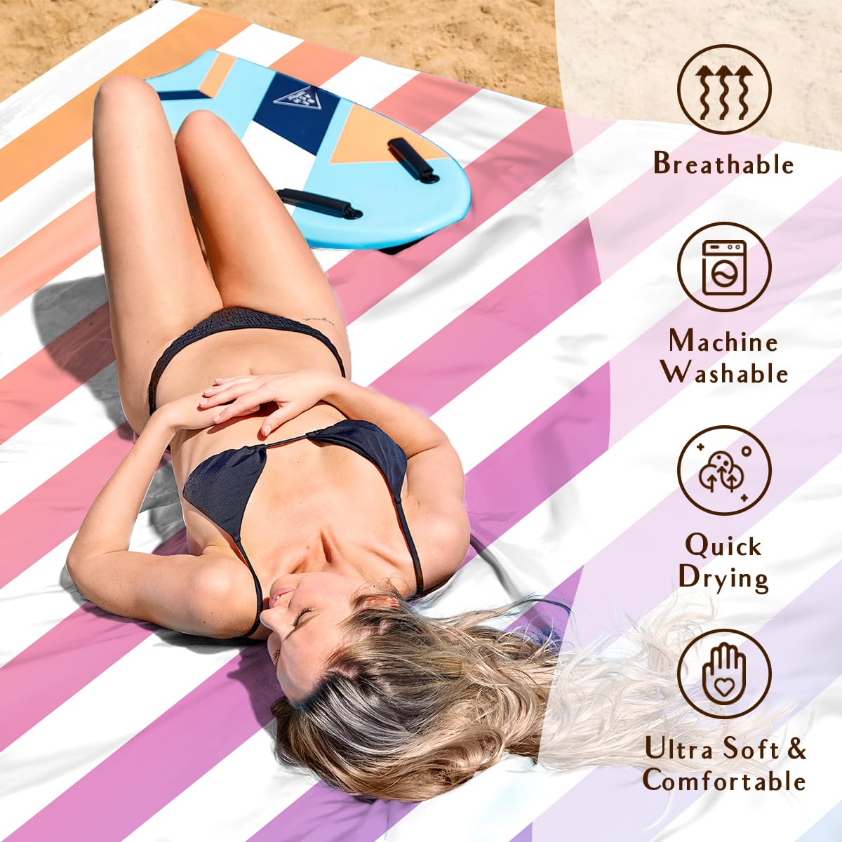 Beach Blanket Waterproof Sandproof (Purple Stripes / 120“×108”)