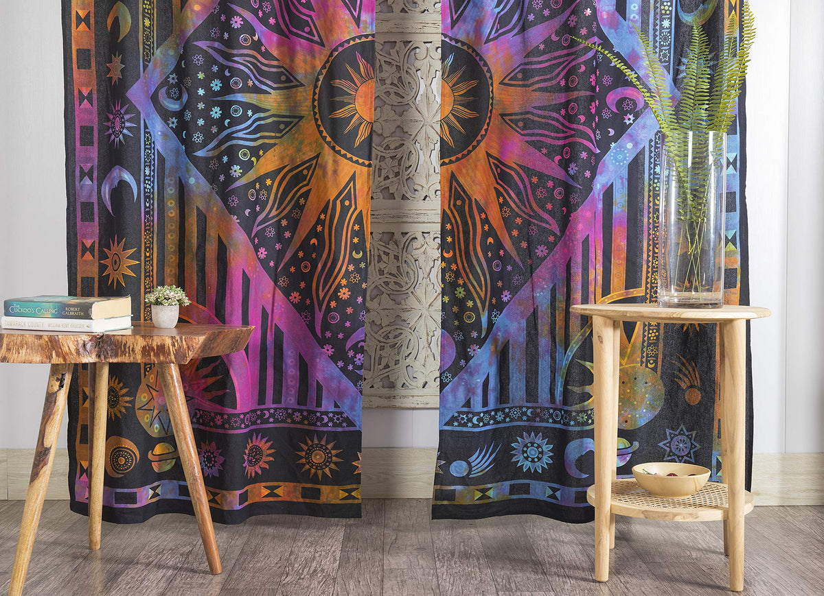 Indian Burning Sun Hippie Mandala Window Curtains (38"W x 83"L (Pack of 2) / Purple Tie Dye)